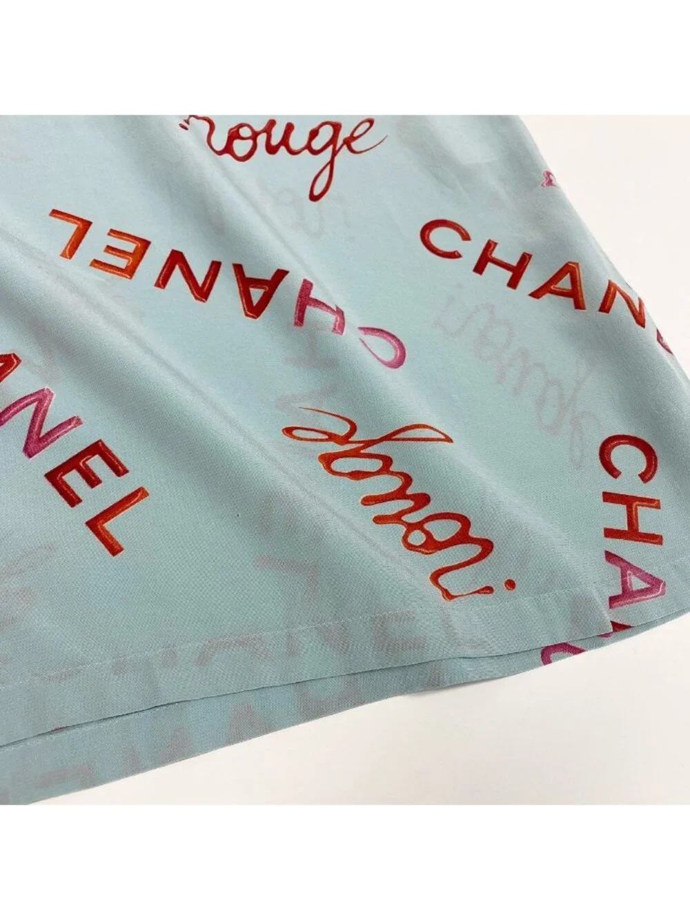 Chanel Vintage Logo Print Silk Blouse Short Sleeve 36 Blue Top